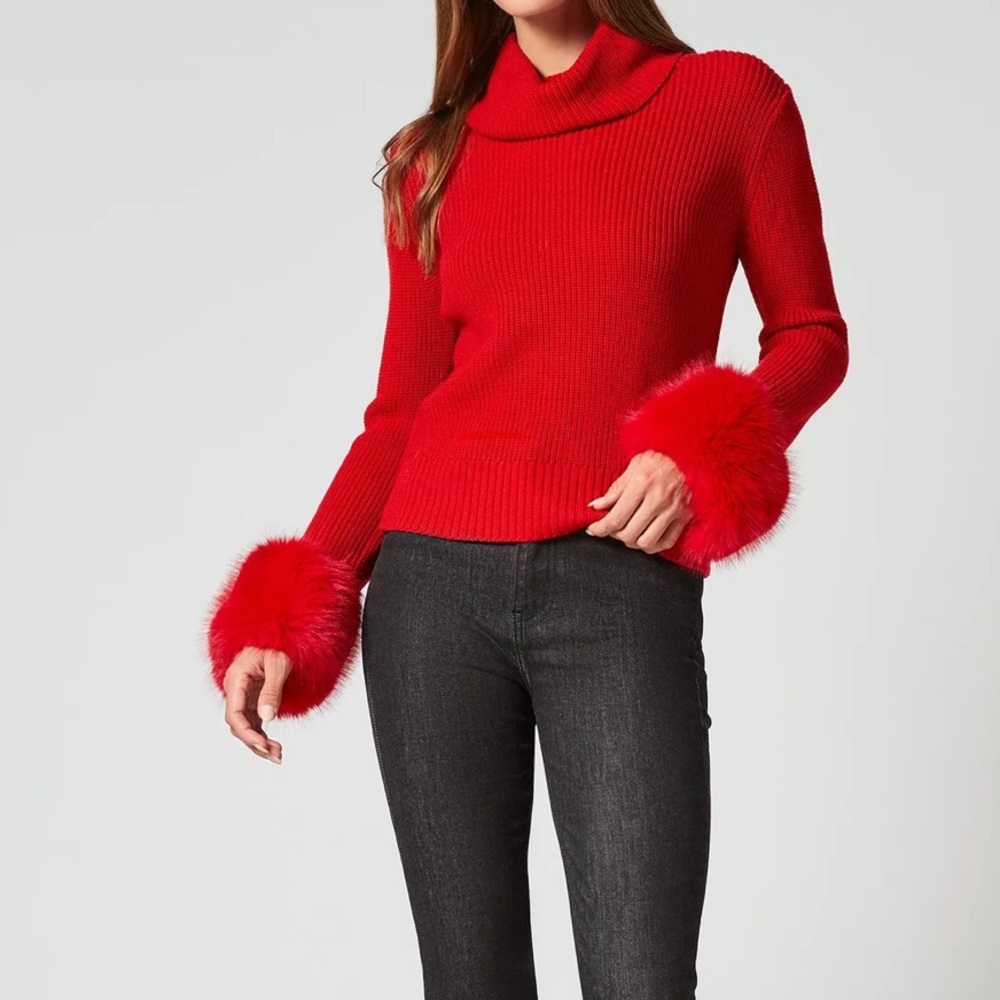 Adrienne Landau Red Alps Sweater with Fur Cuffs Turtleneck XS NEW $225
